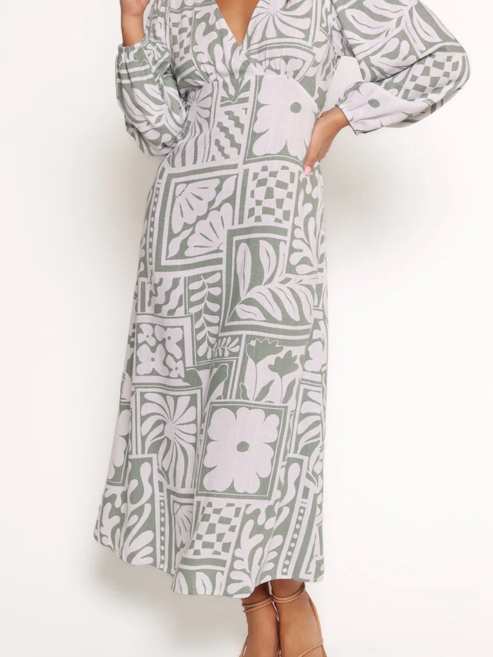 Petal & Pup Sage Green and White Printed Maxi Dress